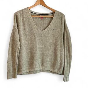 Tommy Hilfiger Denim XS Linen Cotton VNeck Long Sleeve Open Weave Green Sweater